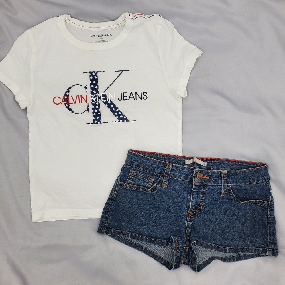 Bundle #6 CK White T-Shirt and Cello Jeans Blue Denim Shorts (Not Coord Set)